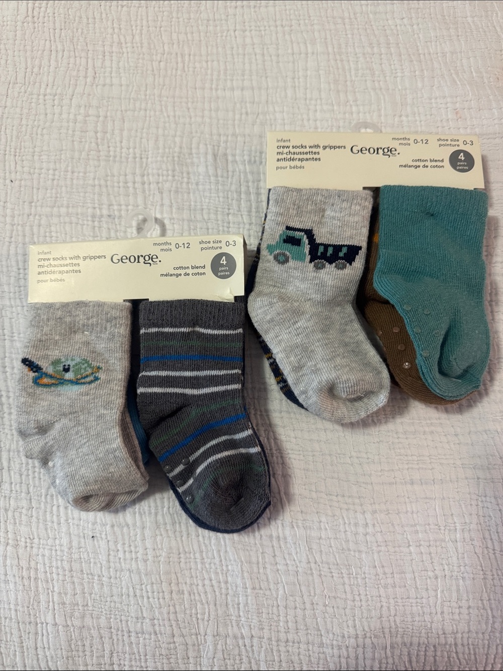 George Infant Gripper Crew Socks - Teal, Gray, Dark Gray, Brown